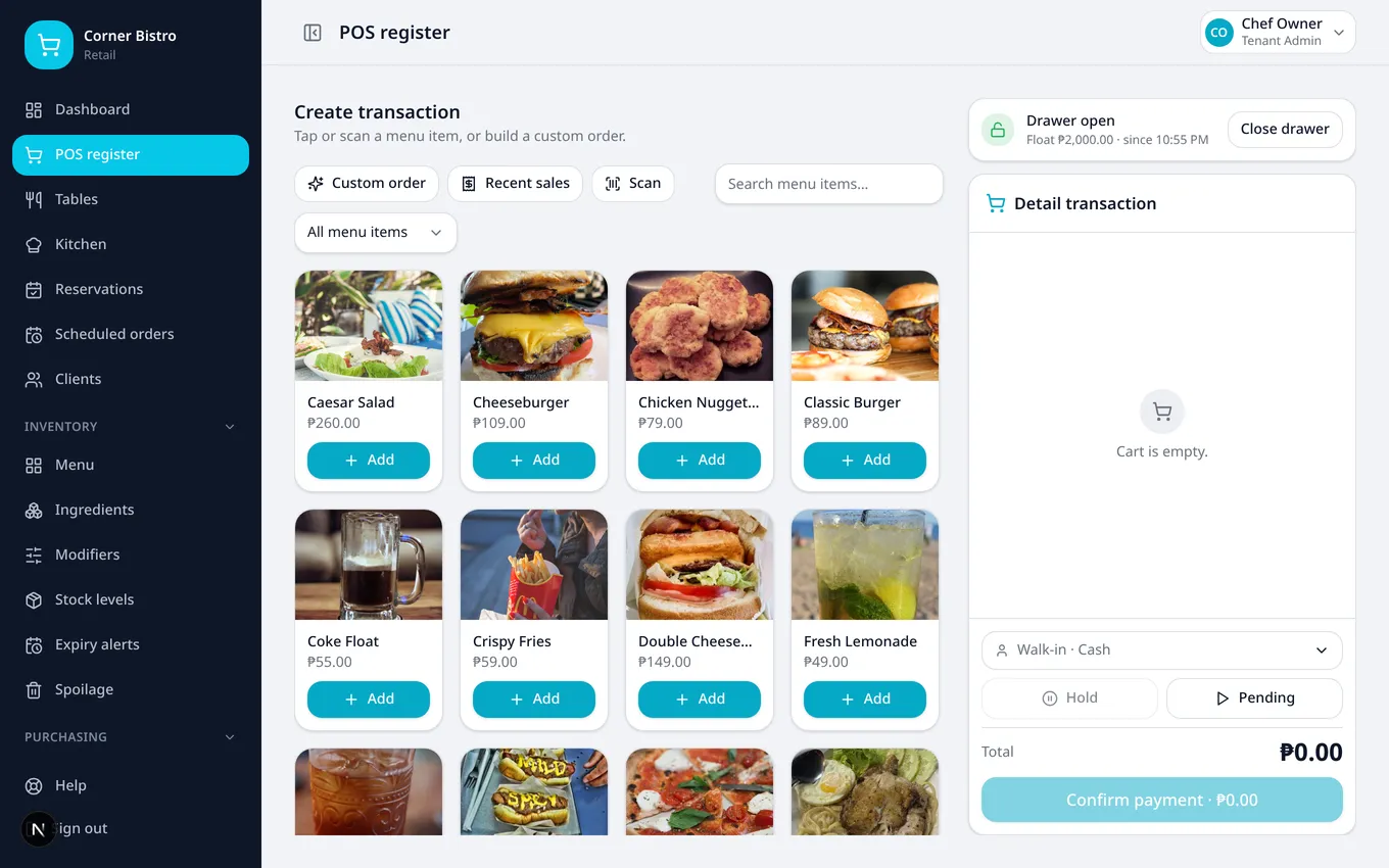 The Tiny Tindera POS register with food menu items