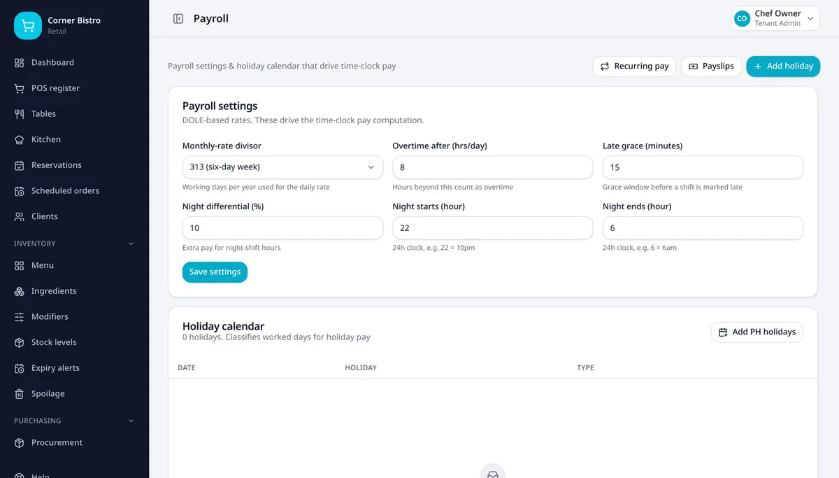 Tiny Tindera payroll settings